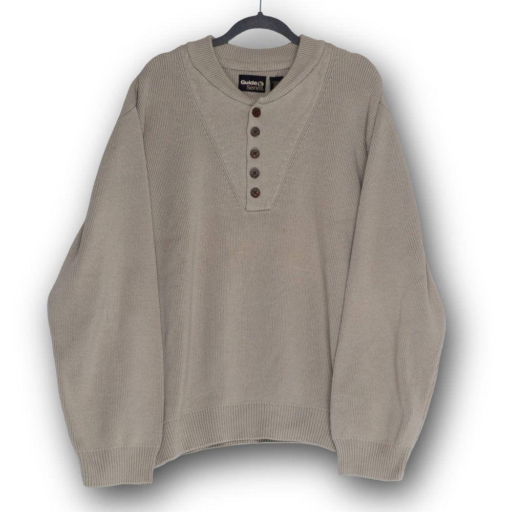 Guide Series‎ Henley Sweater Mens 2XL Tan Excellent 100% Cotton Ribbed Knit